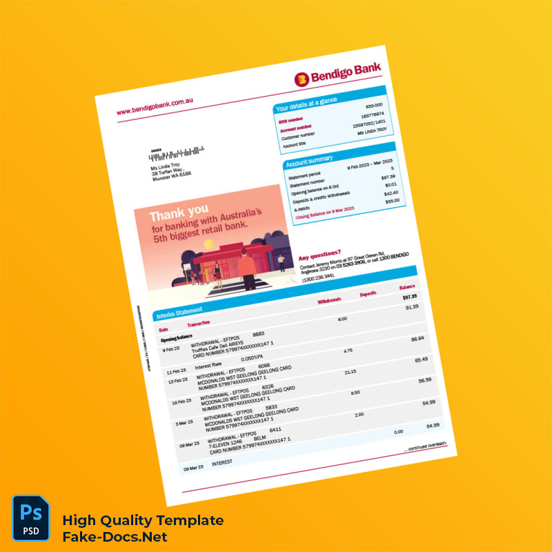 Australia Bendigo Bank Statement Template in Word and PDF formats 2 page Australia Bendigo Bank Statement Template in Word and PDF formats 2 page