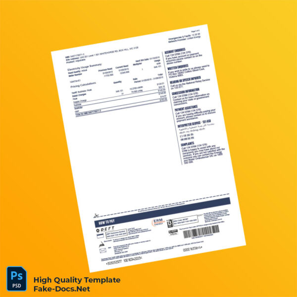 Australia ERM Power Retail Pty Ltd Editable Electricity Bill Template in Word and PDF formats 2 page