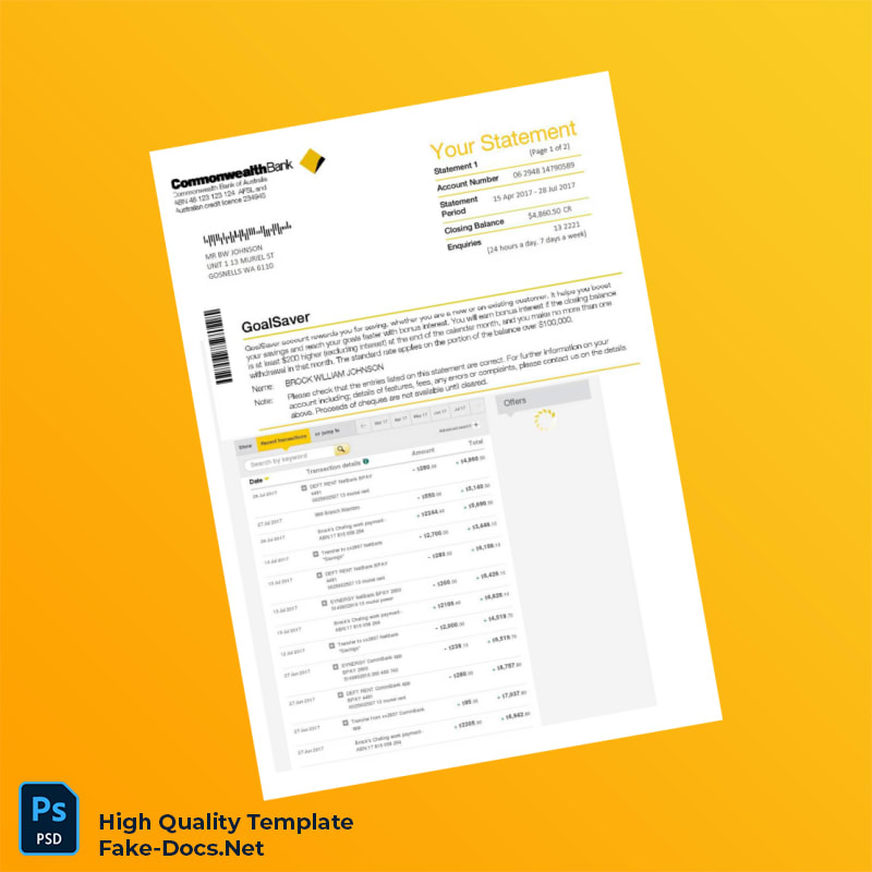 Australia GoalSaver Bank Statement Template in Word and PDF formats 2 page Australia GoalSaver Bank Statement Template in Word and PDF formats 2 page