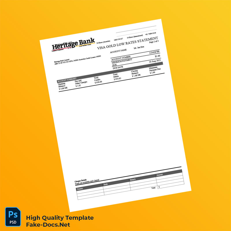 Australia Heritage Bank Credit Card Statement Template in Word and PDF formats 3 page Australia Heritage Bank Credit Card Statement Template in Word and PDF formats 3 page