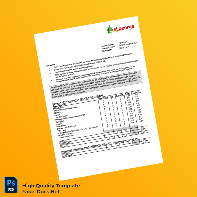 Australia St George Bank Statement Template in Word and PDF formats 5 page Australia St George Bank Statement Template in Word and PDF formats 5 page