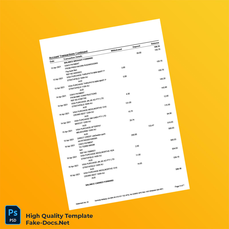 Australia Suncorp Bank Statement Template in Word and PDF formats 7 page Australia Suncorp Bank Statement Template in Word and PDF formats 7 page