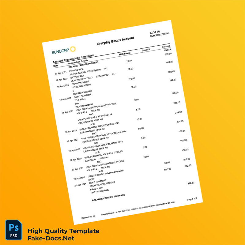 Australia Suncorp Bank Statement Template in Word and PDF formats 7 page Australia Suncorp Bank Statement Template in Word and PDF formats 7 page