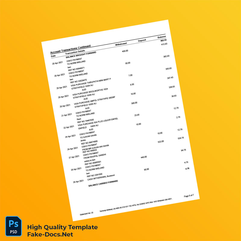 Australia Suncorp Bank Statement Template in Word and PDF formats 7 page Australia Suncorp Bank Statement Template in Word and PDF formats 7 page
