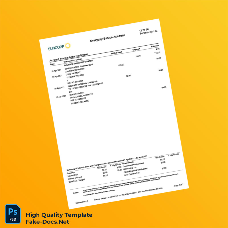 Australia Suncorp Bank Statement Template in Word and PDF formats 7 page Australia Suncorp Bank Statement Template in Word and PDF formats 7 page