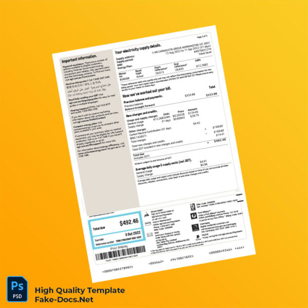 Australia United Energy Editable Electricity Bill Template in Word and PDF formats 2 page