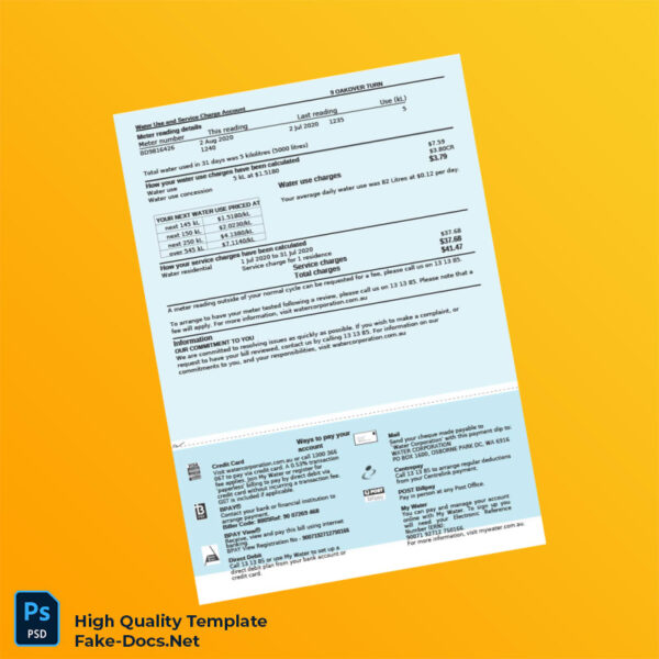 Australia Water Corporation Editable Water Bill Template in Word and PDF formats 3 page