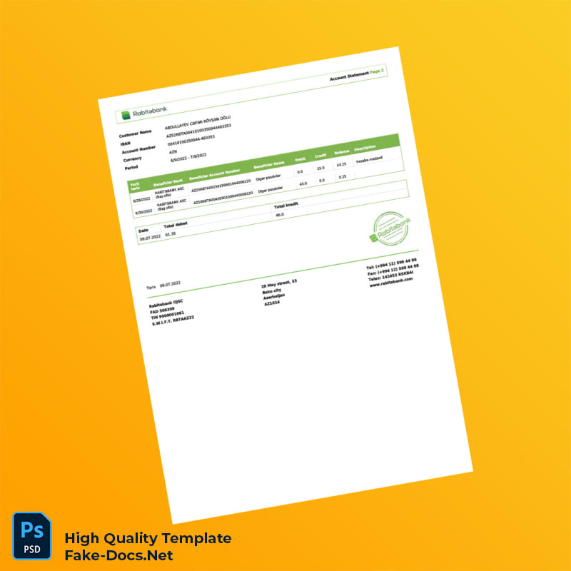 Azerbaijan Rabitabank Account Statement Template in Word and PDF formats 2 page Azerbaijan Rabitabank Account Statement Template in Word and PDF formats 2 page