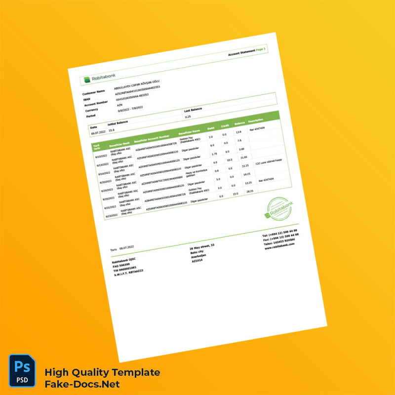 Azerbaijan Rabitabank Account Statement Template in Word and PDF formats 2 page Azerbaijan Rabitabank Account Statement Template in Word and PDF formats 2 page