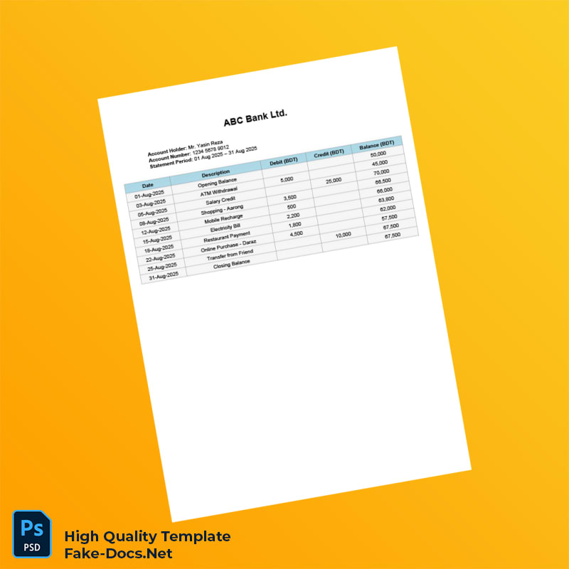 Bangladesh ABC Bank Statement Template in Word and PDF formats Bangladesh ABC Bank Statement Template in Word and PDF formats