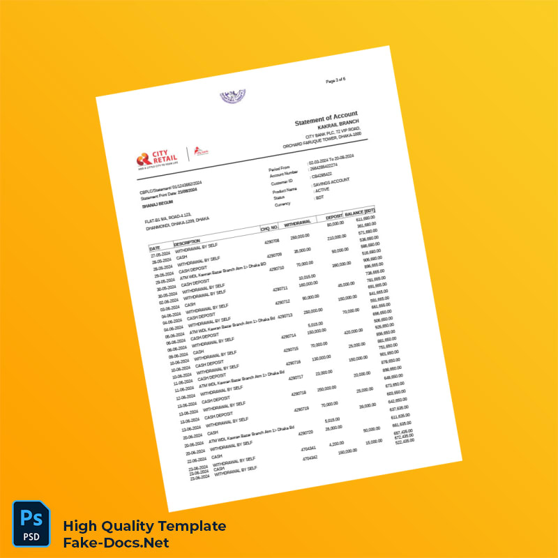 Bangladesh City Bank Statement Template in Word and PDF formats 7 page Bangladesh City Bank Statement Template in Word and PDF formats 7 page