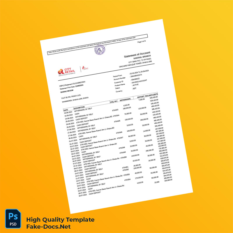 Bangladesh City Bank Statement Template in Word and PDF formats 7 page Bangladesh City Bank Statement Template in Word and PDF formats 7 page