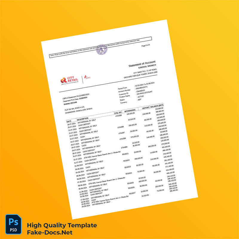 Bangladesh City Bank Statement Template in Word and PDF formats 7 page Bangladesh City Bank Statement Template in Word and PDF formats 7 page