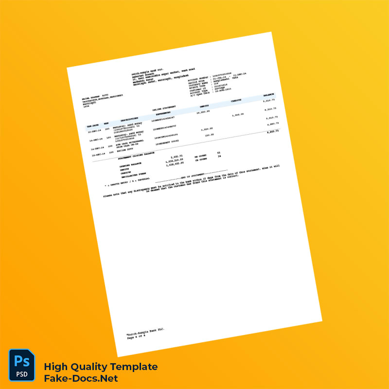 Bangladesh Dutch-Bangla Bank PLC Bank Statement Template in Word and PDF formats 4 page Bangladesh Dutch-Bangla Bank PLC Bank Statement Template in Word and PDF formats 4 page
