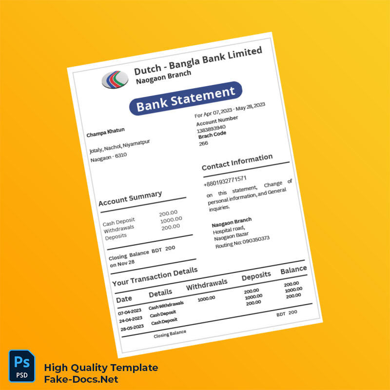 Bangladesh Dutch-Bangla Bank Statement Template in Word and PDF formats Bangladesh Dutch-Bangla Bank Statement Template in Word and PDF formats