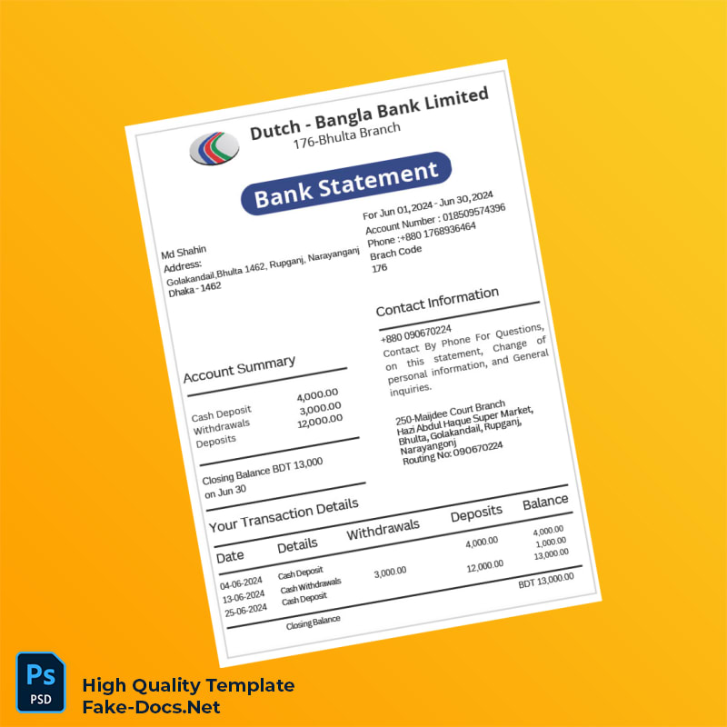 Bangladesh Dutch Bangla Bank Statement Template in Word and PDF formats Bangladesh Dutch Bangla Bank Statement Template in Word and PDF formats