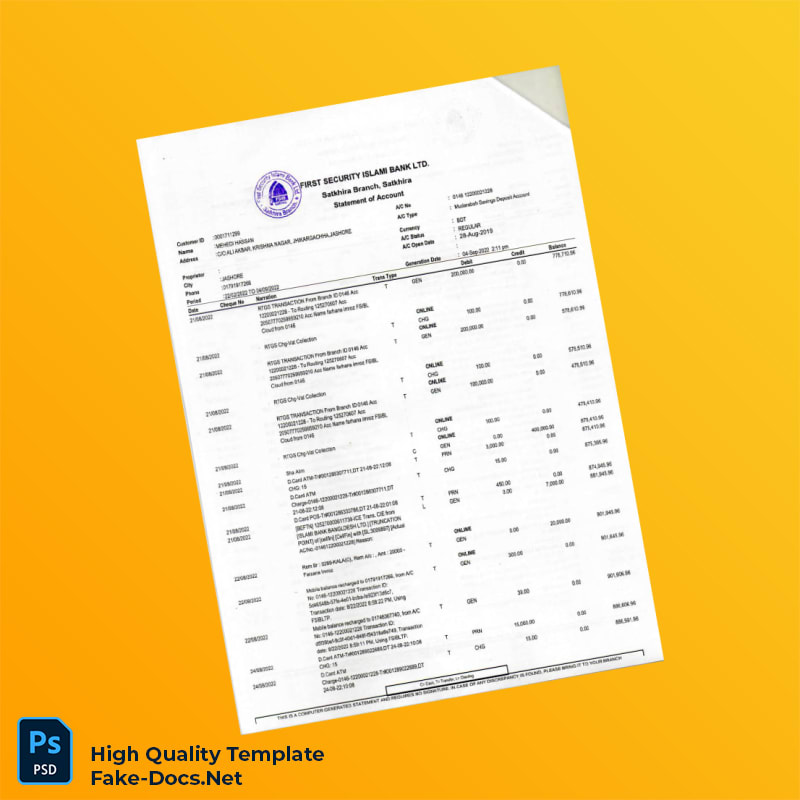 Bangladesh First Security Islami Bank Statement Template in Word and PDF formats 4 page Bangladesh First Security Islami Bank Statement Template in Word and PDF formats 4 page