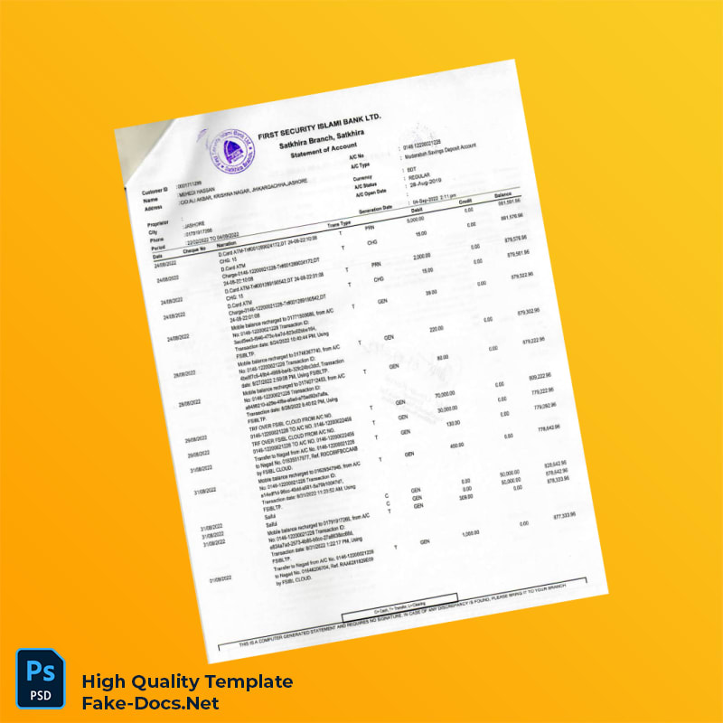 Bangladesh First Security Islami Bank Statement Template in Word and PDF formats 4 page Bangladesh First Security Islami Bank Statement Template in Word and PDF formats 4 page