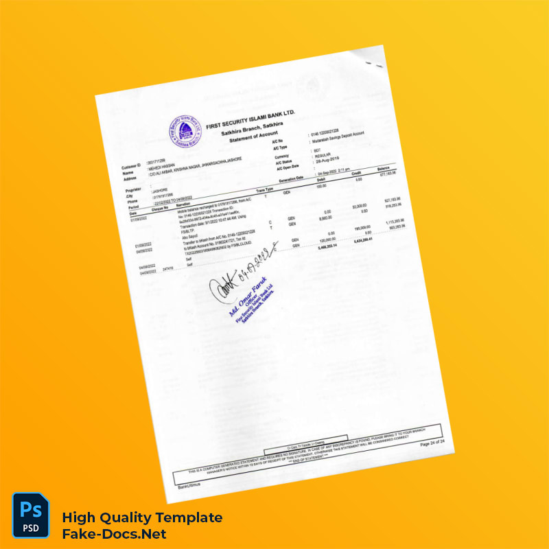 Bangladesh First Security Islami Bank Statement Template in Word and PDF formats 4 page Bangladesh First Security Islami Bank Statement Template in Word and PDF formats 4 page