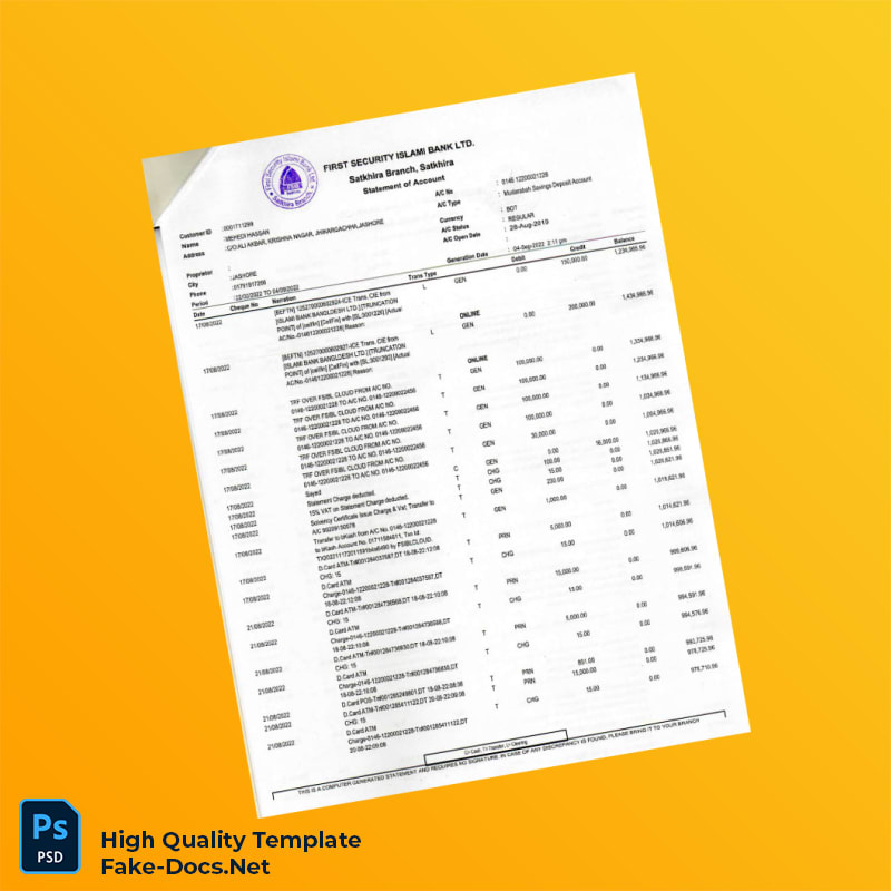 Bangladesh First Security Islami Bank Statement Template in Word and PDF formats 4 page Bangladesh First Security Islami Bank Statement Template in Word and PDF formats 4 page