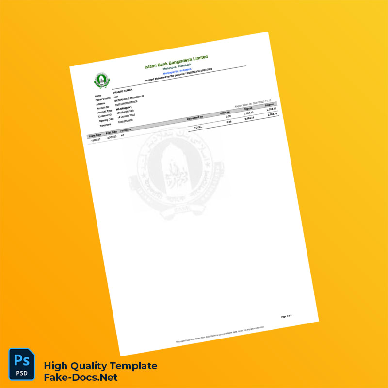 Bangladesh IBBL Bank Statement Template in Word and PDF formats Bangladesh IBBL Bank Statement Template in Word and PDF formats