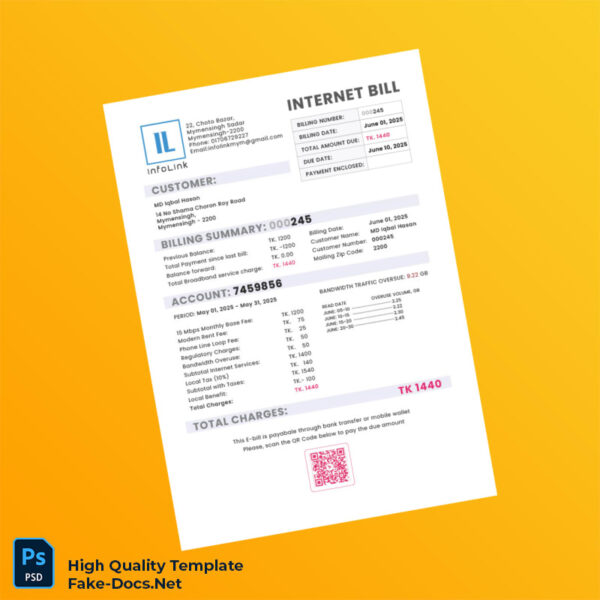 Bangladesh InfoLink Editable Utility Bill Template in Word and PDF formats