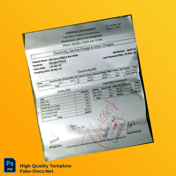 Bangladesh KARIMULLAH MARKET Editable Electricity Bill Template in Word and PDF formats 3 page