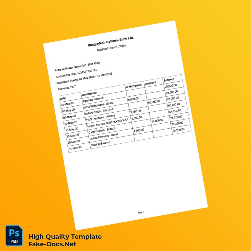 Bangladesh National Bank Bank Statement Template in Word and PDF formats Bangladesh National Bank Bank Statement Template in Word and PDF formats