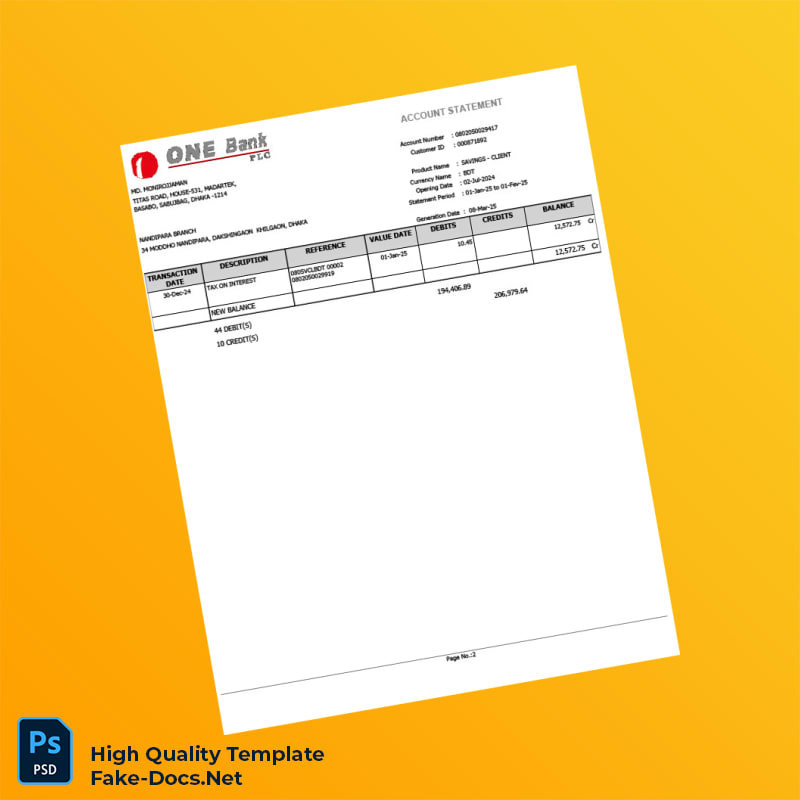 Bangladesh ONE Bank Account Statement Template in Word and PDF formats 2 page Bangladesh ONE Bank Account Statement Template in Word and PDF formats 2 page