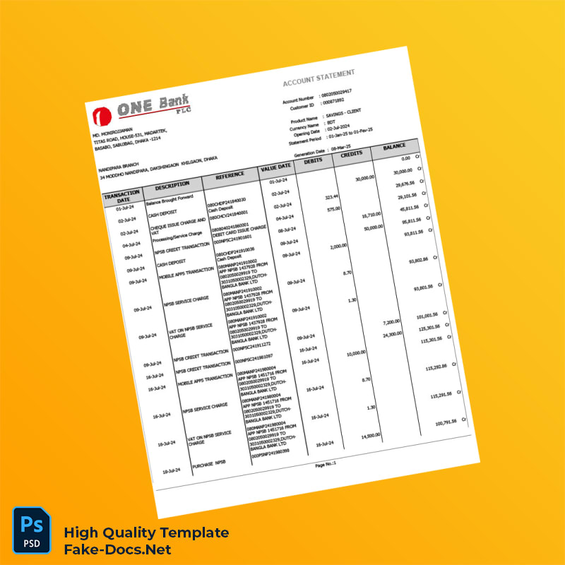 Bangladesh ONE Bank Account Statement Template in Word and PDF formats 2 page Bangladesh ONE Bank Account Statement Template in Word and PDF formats 2 page