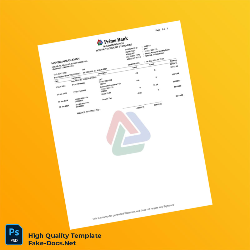 Bangladesh Prime Bank Salary Statement Template in Word and PDF formats 4 page Bangladesh Prime Bank Salary Statement Template in Word and PDF formats 4 page