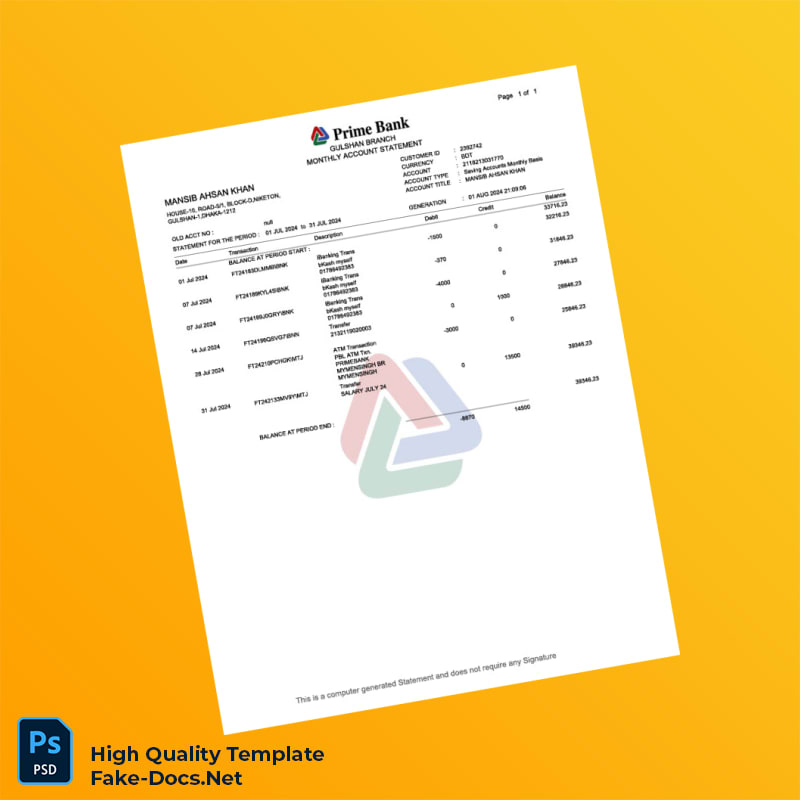 Bangladesh Prime Bank Salary Statement Template in Word and PDF formats 4 page Bangladesh Prime Bank Salary Statement Template in Word and PDF formats 4 page