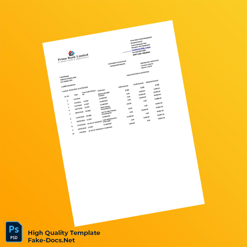 Bangladesh Prime Bank Statement Template in Word and PDF formats Bangladesh Prime Bank Statement Template in Word and PDF formats