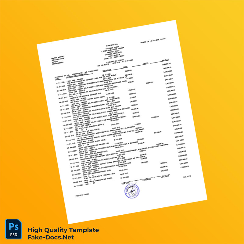 Bangladesh Pubali Bank Statement Template in Word and PDF formats 7 page Bangladesh Pubali Bank Statement Template in Word and PDF formats 7 page