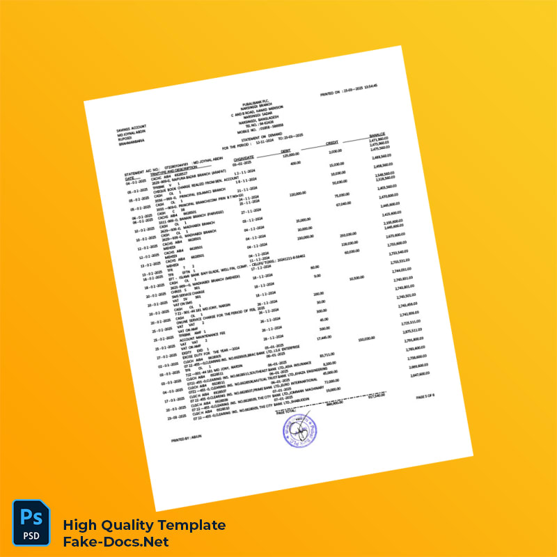 Bangladesh Pubali Bank Statement Template in Word and PDF formats 7 page Bangladesh Pubali Bank Statement Template in Word and PDF formats 7 page