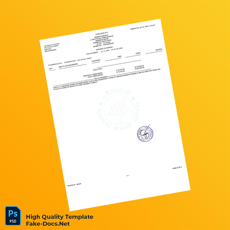 Bangladesh Pubali Bank Statement Template in Word and PDF formats 7 page Bangladesh Pubali Bank Statement Template in Word and PDF formats 7 page