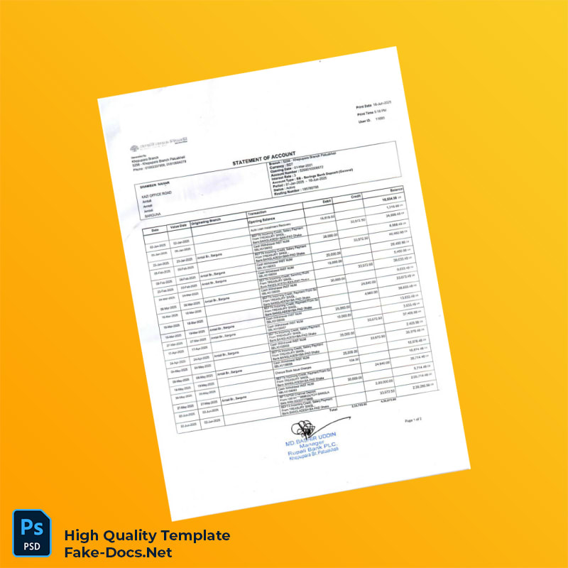 Bangladesh Rupali Bank Statement Template in Word and PDF formats 3 page Bangladesh Rupali Bank Statement Template in Word and PDF formats 3 page