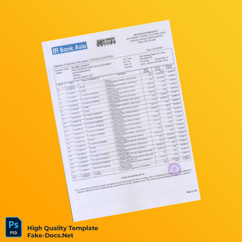 Bangladesh S02-Savings Bank Account Statement Template in Word and PDF formats Bangladesh S02-Savings Bank Account Statement Template in Word and PDF formats