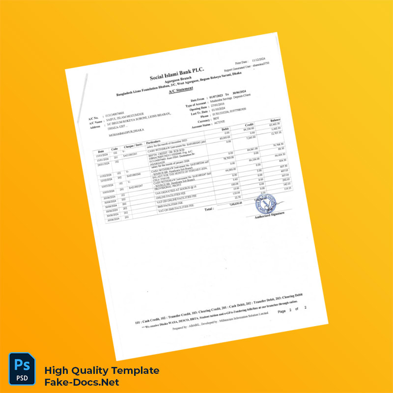 Bangladesh SIBL Bank Statement Template in Word and PDF formats 2 page Bangladesh SIBL Bank Statement Template in Word and PDF formats 2 page