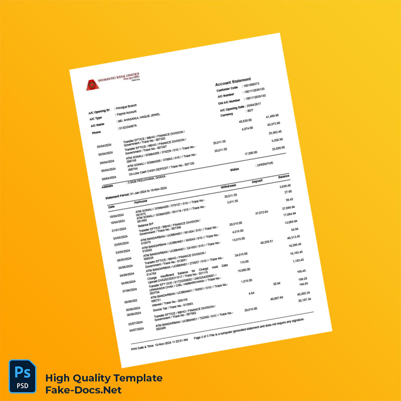 Bangladesh Shimanto Bank Limited Account Statement Template in Word and PDF formats 3 page Bangladesh Shimanto Bank Limited Account Statement Template in Word and PDF formats 3 page