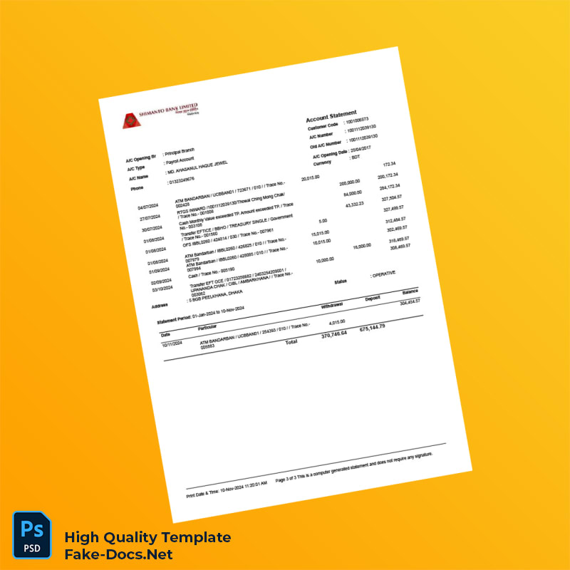 Bangladesh Shimanto Bank Limited Account Statement Template in Word and PDF formats 3 page Bangladesh Shimanto Bank Limited Account Statement Template in Word and PDF formats 3 page