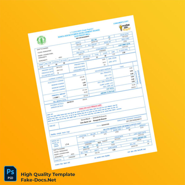Bangladesh Sonali Bank Editable Utility Bill Template in Word and PDF formats