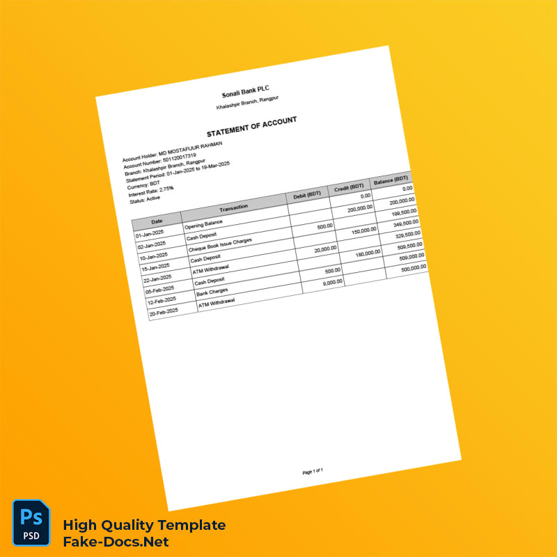Bangladesh Sonali Bank PLC Bank Statement Template in Word and PDF formats Bangladesh Sonali Bank PLC Bank Statement Template in Word and PDF formats