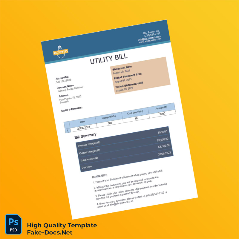 Belgium Editable Utility Bill Template in Word and PDF formats Belgium Editable Utility Bill Template in Word and PDF formats