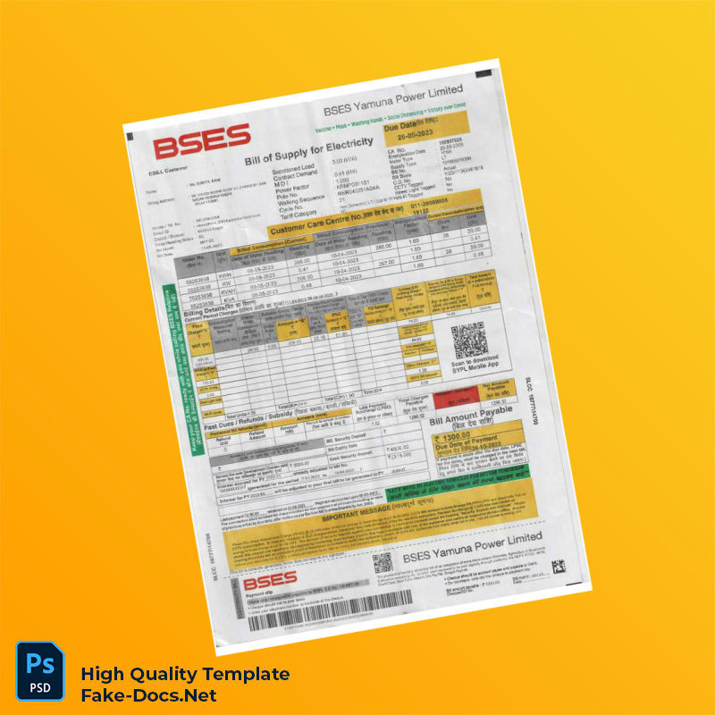 COM BSES Yamuna Power Limited Editable Electricity Bill Template in Word and PDF formats COM BSES Yamuna Power Limited Editable Electricity Bill Template in Word and PDF formats