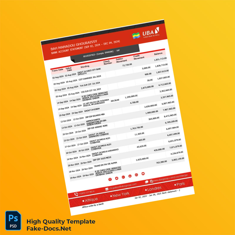 Cameroon UBA Bank Statement Template in Word and PDF formats 3 page Cameroon UBA Bank Statement Template in Word and PDF formats 3 page