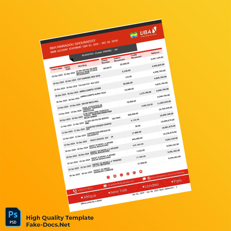 Cameroon UBA Bank Statement Template in Word and PDF formats 3 page Cameroon UBA Bank Statement Template in Word and PDF formats 3 page