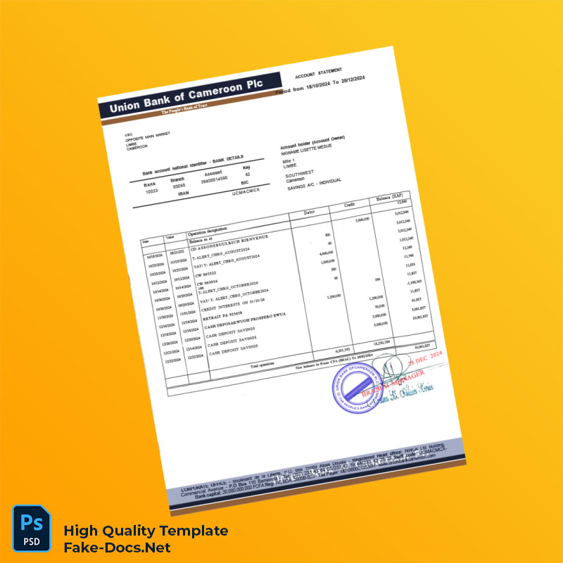 Cameroon Union Bank of Cameroon Plc Bank Statement Template in Word and PDF formats 2 page Cameroon Union Bank of Cameroon Plc Bank Statement Template in Word and PDF formats 2 page