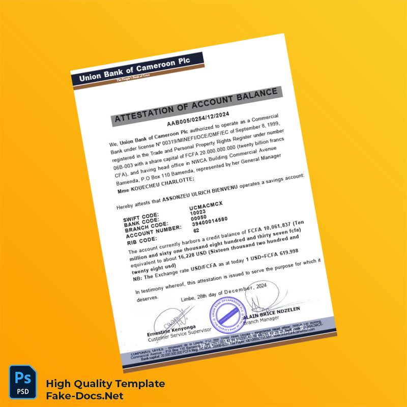 Cameroon Union Bank of Cameroon Plc Bank Statement Template in Word and PDF formats 2 page Cameroon Union Bank of Cameroon Plc Bank Statement Template in Word and PDF formats 2 page