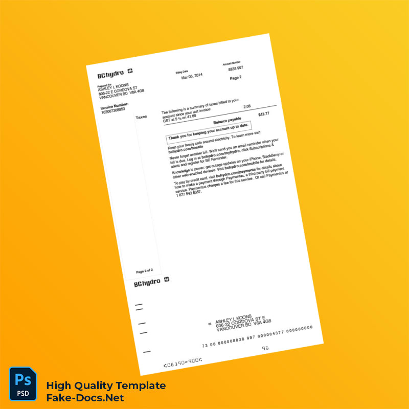 Canada BC Hydro Editable Utility Bill Template in Word and PDF formats 2 page Canada BC Hydro Editable Utility Bill Template in Word and PDF formats 2 page